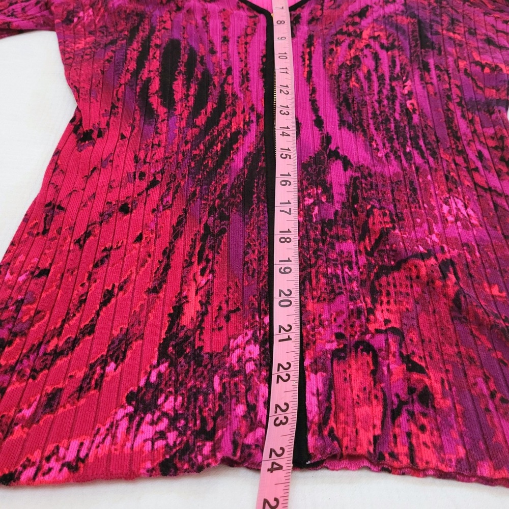 VTG Y2K Cache Fuchsia Black Abstract Ribbed Knit Slim Fit Full Zip Sweater M - Picture 7 of 7